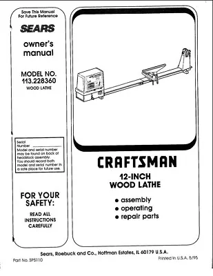 Buy Owners Manual Sears Craftsman 12-inch Wood Turning Lathe -  Model 113.228360 • 18.95$