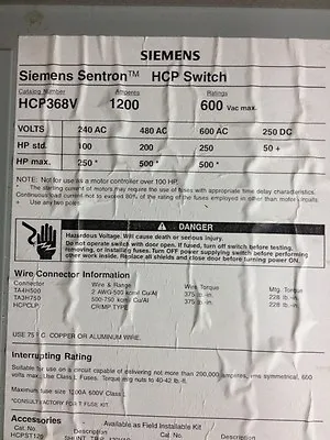 Buy Ite Siemens Hcp368v 1200a 600v 3 Pole Vertical Sentron Switch Disconnect • 2,750$