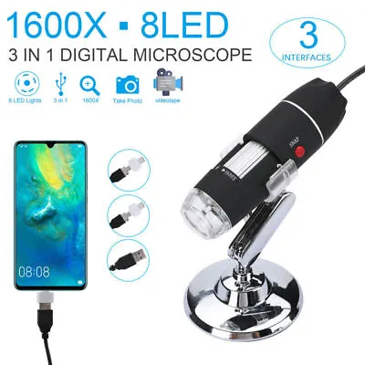 Buy 1600X 3 In 1 8LED USB Microscope Digital Magnifier Endoscope Video Camera • 16.99$