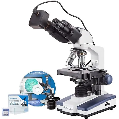 Buy AmScope 40X-2500X LED Binocular Compound Microscope 3MP Camera + 50 Blank Slides • 449.99$