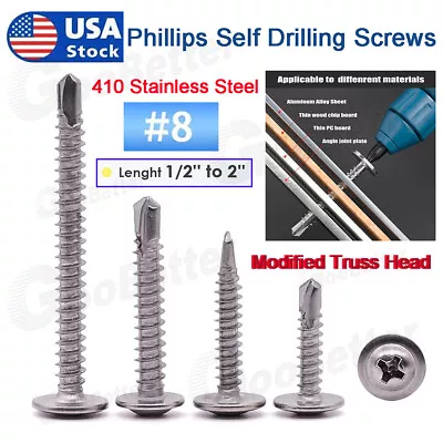 Buy #8 UNC Phillips Modified Truss Head Self Drilling Screws Stainless Steel 1/2 -2  • 7.43$