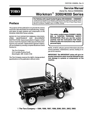 Buy TORO Workman 3000 4000 SERVICE Owners Manual Printed COIL Bound SN 24000 Below • 49.95$
