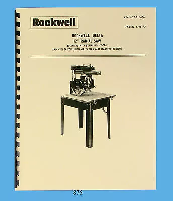 Buy Rockwell / Delta 12  Radial Arm Saw Operator And Parts List Manual  * 876 • 18$