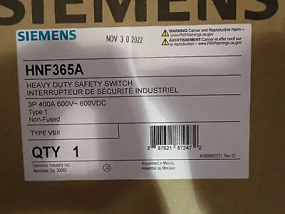 Buy New In Box Siemens HNF365A 400 Amp 600v NON Fused Indoor 3 Phase Disconnect • 3,298$