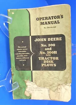 Buy John Deere 300 AND 300H Disk Plow Owner Operator Manual OM-A8-1049 • 8.99$