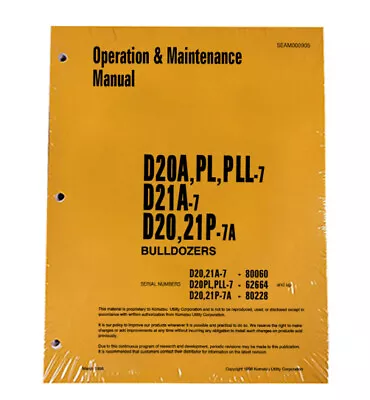 Buy Komatsu D20A, PL, PL Operator's Owners  & Maintenance Manual  PN # SEAD000905 • 29.37$