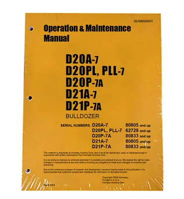 Buy Komatsu D20A-7 D20PL,PLL-7 D20P-7A D21A-7 D21P-7A Owners Manual  # SEAD000909 • 29.37$
