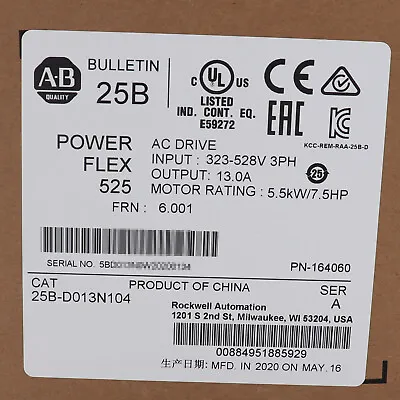 Buy  Allen-Bradley 25B-D013N104 PowerFlex 525 5.5kW 7.5Hp AC Drive Sealed NEW • 600$