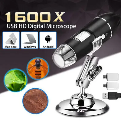 Buy 8LED 1600X 10MP USB Digital Microscope Endoscope Magnifier Camera W/ Stand Black • 14.75$