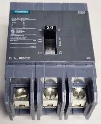 Buy Siemens Bqd6320 3 Pole 20 Amp Type Bqd6 Circuit Breaker Grey • 86.39$