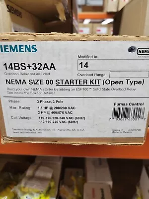 Buy Siemens 14BS+32AA Starter Kit NEMA Size 00 3PH 3P BRAND NEW IN ORIGINAL BOX • 70$