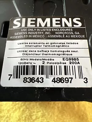 Buy New Genuine Siemens EQ9985 Circuit Breaker Open Box Breaker Only 200 Amp 4 Pole • 277$