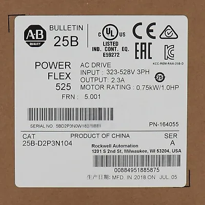 Buy Allen-Bradley AB 25B-D2P3N104 PowerFlex 525 0.75kW 1Hp AC Drive Factory Sealed • 264.98$