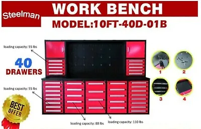 Buy Steelman 10ft 40 Drawers 2 Cabinets Storage Cabinet W/ Workbench Easy Financing • 7,095$