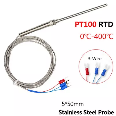 Buy PT100 RTD Temperature Sensor Resistance Thermometer 3-Wire 400℃ Probe 5x50mm 1M • 14.01$