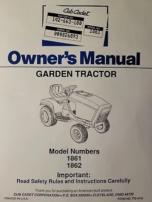 Buy Cub Cadet Corp CCC MTD 1861 1862 Garden Lawn Tractor Owners Manual 18 H.p Kohler • 62.99$
