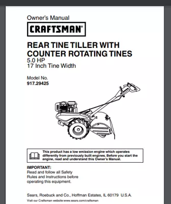Buy Craftsman Garden TILLER Model 917.29425 Owner's Manual 21 Pages • 12.50$