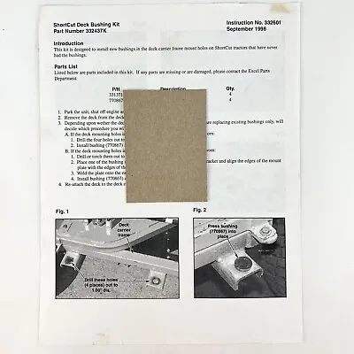 Buy Hustler 332437K Shortcut Deck Bushing Assembly Instructions Manual Mower Vtg 98 • 14$
