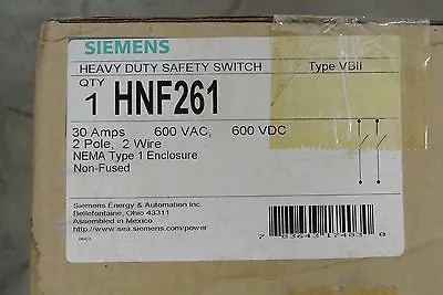Buy NEW HNF261 Siemens Safety Disconnect Switch  600 Volt 30 Amp Non-Fused 2 Pole  • 58$