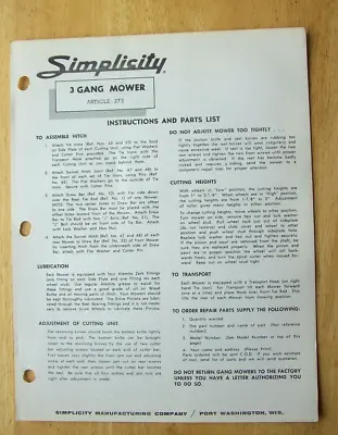 Buy Original Simplicity ~ 3 Gang Mower Article 273 ~ Operators Parts Manual • 7.99$