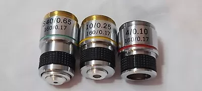 Buy Lot Of 3 Objective Microscope Lens 4/0.1, 10/0.25 & 40/0.65 All Nice 160/0.17 • 20$