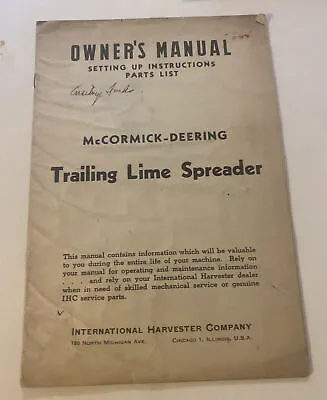 Buy 1946 Mccormick Deering Trailing Lime Spreader Owners Manual • 7.99$