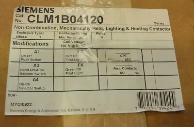 Buy NEW Siemens CLM1B04120 4 Pole 20 Amp Mechanically Held Lighting Contactor 120V C • 300$