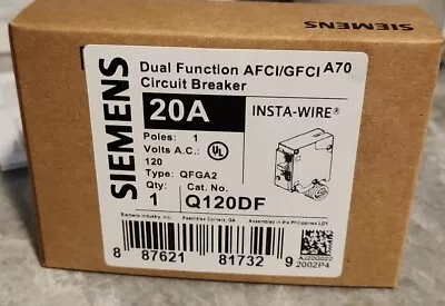 Buy Siemens Q120DF GFCI Breaker Arch Fault 20A 20 AMP NEW Dual Function Free S&H • 35.99$
