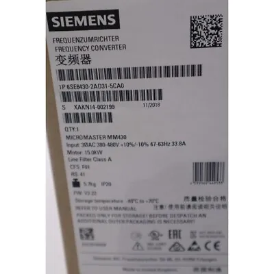 Buy New Siemens 6SE6430-2AD31-5CA0 6SE6 430-2AD31-5CA0 MICROMASTER430 Without Filter • 890$