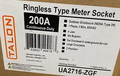 Buy Siemens/Talon US2716-ZGF 200A Ringless Type Meter Socket.  4T 1Phase MEG 2 Gang. • 475$