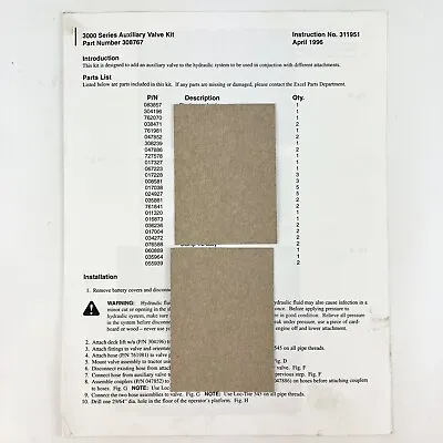 Buy Hustler 308767 Auxiliary Valve Kit Assembly Instructions Manual Mower Vtg 1996 • 14$