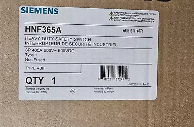 Buy Factory Sealed Siemens HNF365A 400 Amp 600v NON Fused Indoor 3 Phase Disconnect • 999.99$