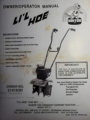Buy LI'L HOE Hoffco 214163H Mini Walk-Behind Lawn Garden Tiller Owner & Parts Manual • 48.99$