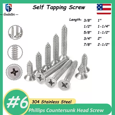Buy #6 Phillips Flat Countersunk Head Self Tapping Screw Wood Screws Stainless Steel • 6.35$