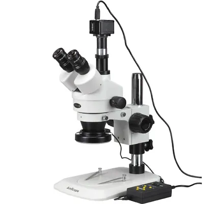 Buy AmScope 3.5X-45X Zoom Stereo Microscope + 4-Zone 144-LED + 1.3MP Camera • 590.99$
