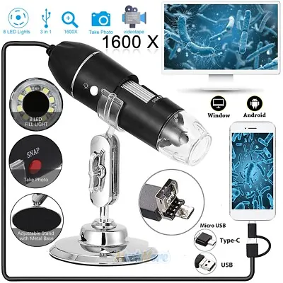 Buy 8LED 1600X 10MP USB Digital Microscope Endoscope Magnifier Camera W/ Stand Black • 25.71$