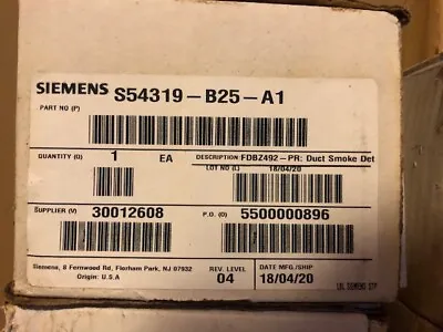 Buy Siemens FDBZ492-PR Duct Smoke Detector,  S54319-B25-A1 New In Box • 100$