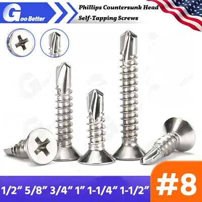 Buy #8 410 Stainless Steel Phillips Countersunk Head Self-Tapping Screws 1/2 -1-1/2  • 5.54$