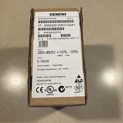 Buy SIEMENS MICROMASTER 420 6ES6420-2UD17-5AA1 VFD 0.75kW 1HP 2.1A NEW IN BOX SEALED • 399$
