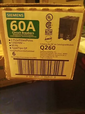 Buy Lot Of 6 Siemens 60A 2-Pole Q260 Circuit Breaker 120/240V • 89.99$