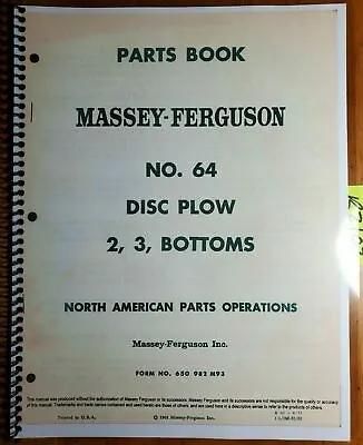 Buy Massey Ferguson No. 64 Disc Plow 2 3 Bottom Parts Book Manual 650 982 M93 6/71 • 15.99$