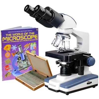 Buy AmScope 2500X LED Binocular Compound Microscope 3D-Stage Book 100 Prepared Slide • 324.99$
