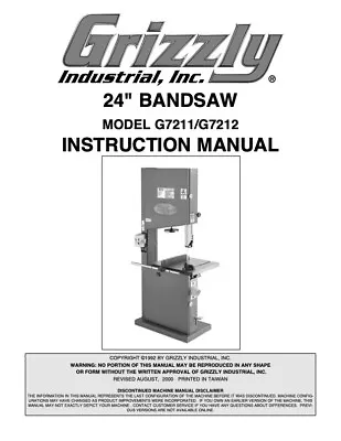Buy Owner’s Manual & Instructions Grizzly 24” Bandsaw -Models G7211 & G7212 • 18.95$
