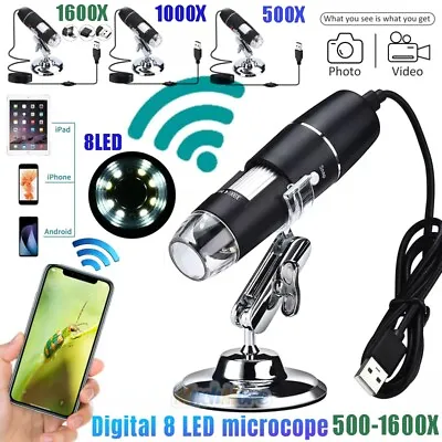 Buy 500-1600X Wifi Wireless Digital 2MP Microscope 8 LED Magnifier Camera With Stand • 22.79$