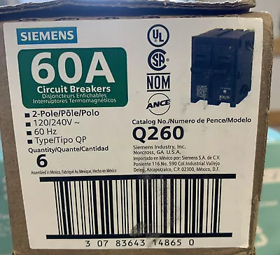 Buy Siemens Q260 60Amp 2 Pole 240V Circuit Breaker - Black Box Of 6 NIB! • 68$