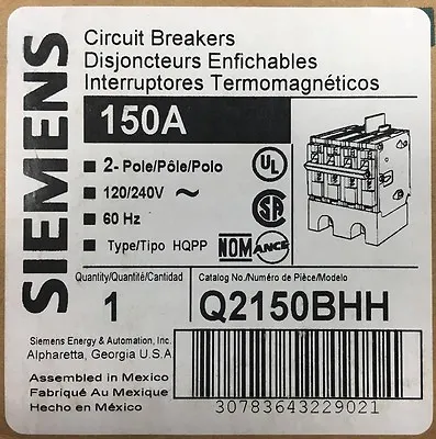 Buy Siemens Q2150BHH Circuit Breaker, 150 Amp, 2 Pole, 240 Volt  NEW • 184.99$