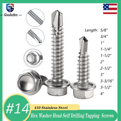 Buy #14 Hex Washer Head Self Drilling Tapping TEK Screws 410 Stainless Steel 5/8 -4  • 5.75$