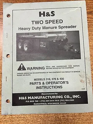 Buy H&S H & S Parts & Operator's Instructions Two Speed Heavy Duty Manure Spreader • 15$