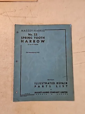 Buy Vintage 1952 Massey Harris 22 Spring Tooth Harrow Illustrated Repair Parts List • 11.95$
