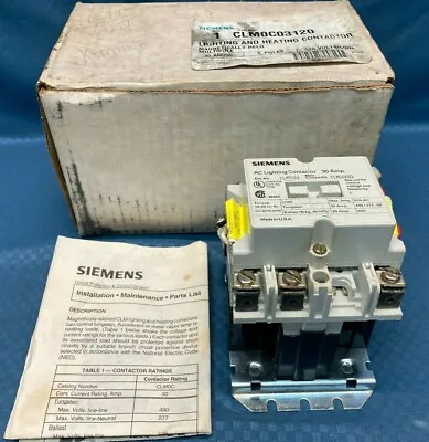 Buy NOS Siemens CLM0C03120 Lighting/Heating Contactor 30 Amp 3 Pole 120V Magnet Held • 199.99$